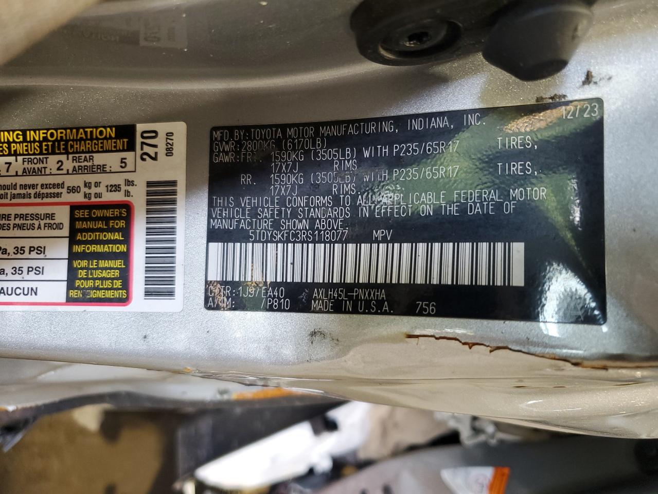 2024 Toyota Sienna Xle VIN: 5TDYSKFC3RS118077 Lot: 60914125