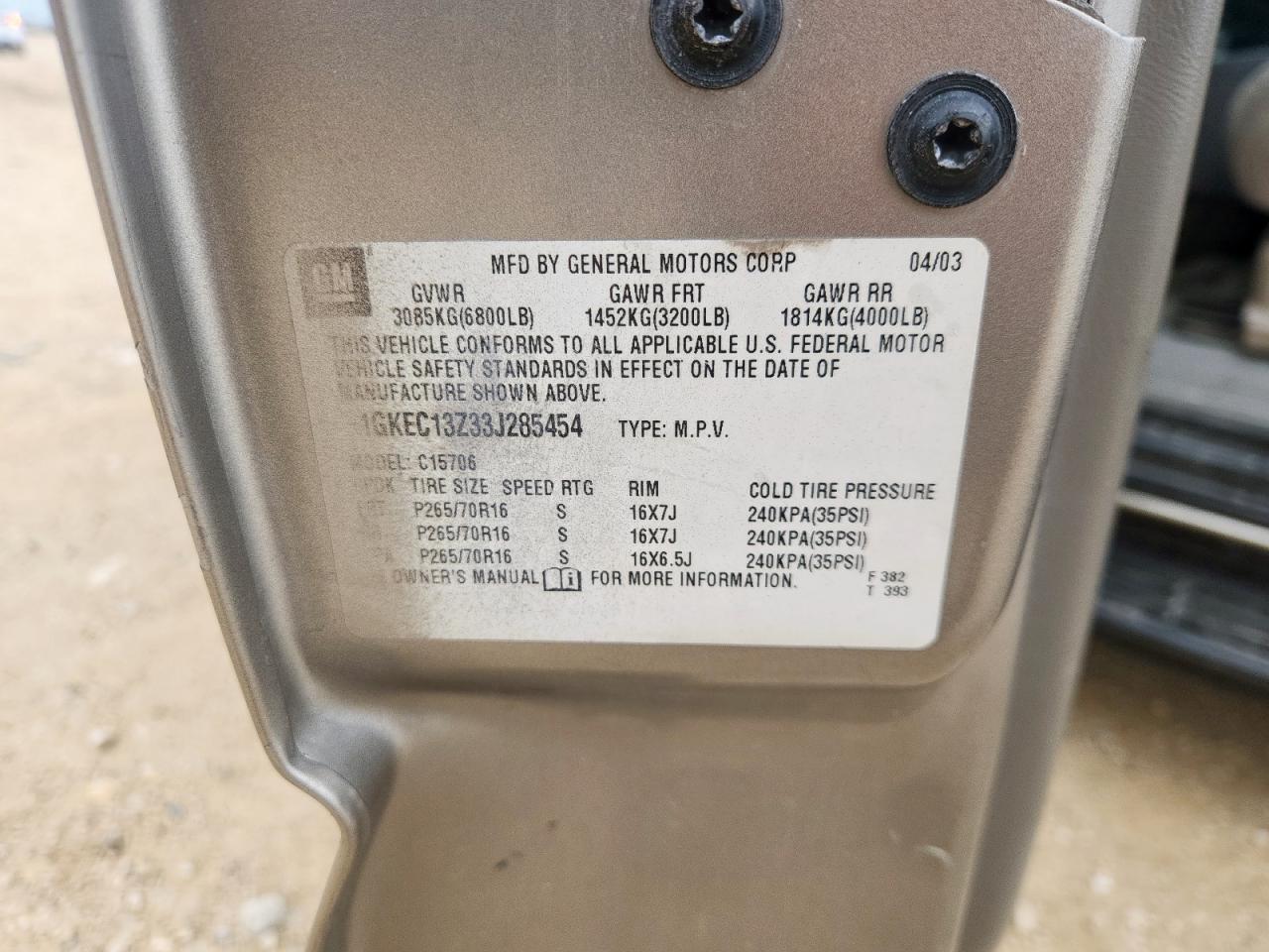 2003 GMC Yukon VIN: 1GKEC13Z33J285454 Lot: 60647255