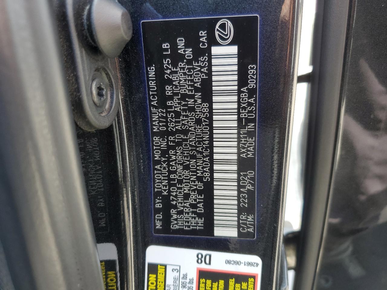 2022 Lexus Es 300H Base VIN: 58ADA1C14NU017588 Lot: 60114915