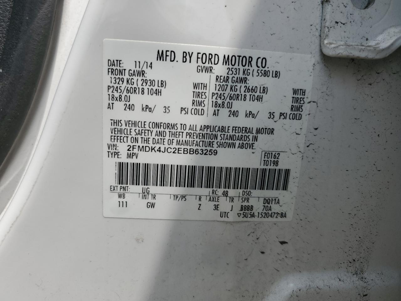 2014 Ford Edge Sel VIN: 2FMDK4JC2EBB63259 Lot: 62982285