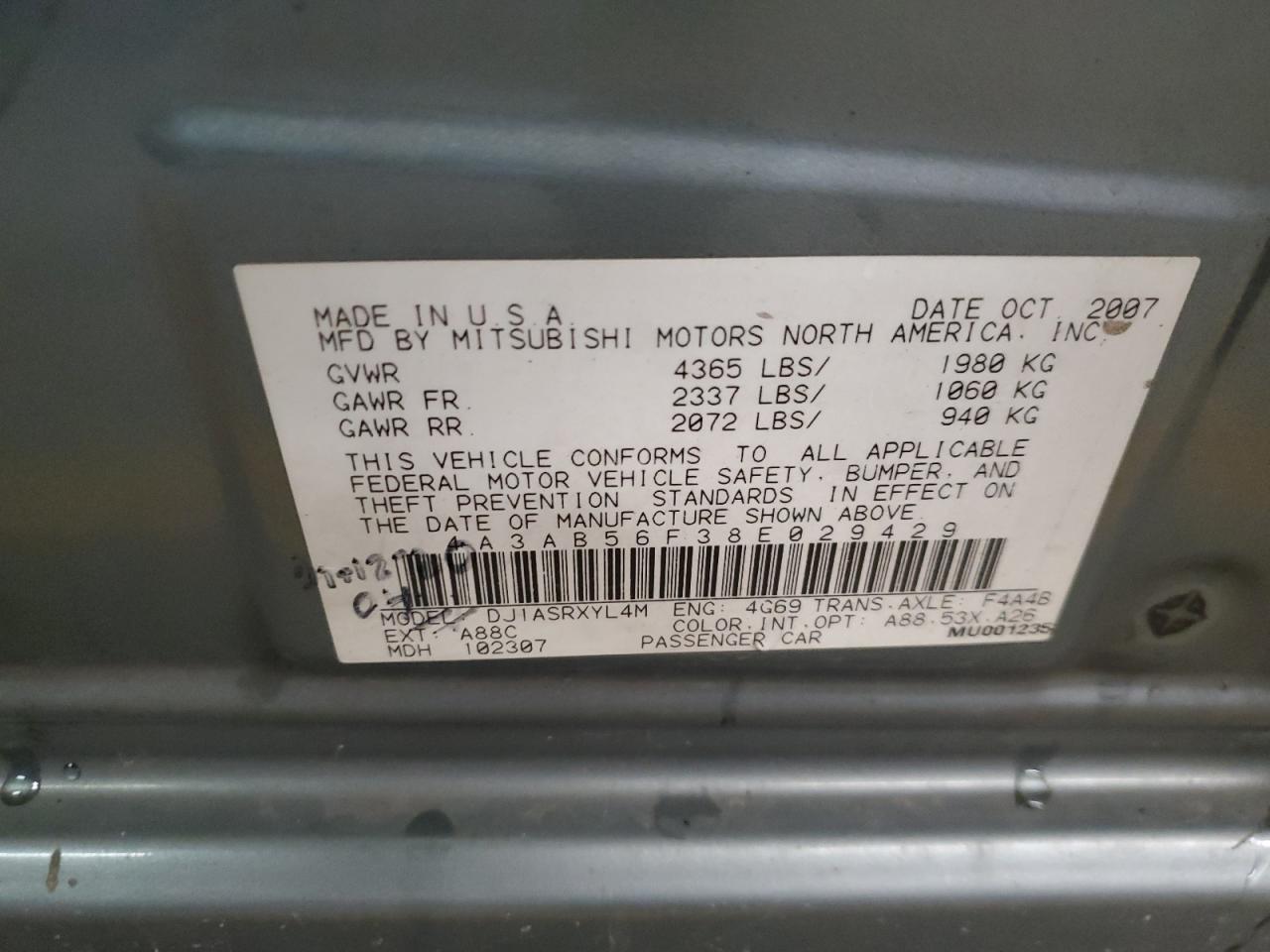 2008 Mitsubishi Galant Es Premium VIN: 4A3AB56F38E029429 Lot: 60892545