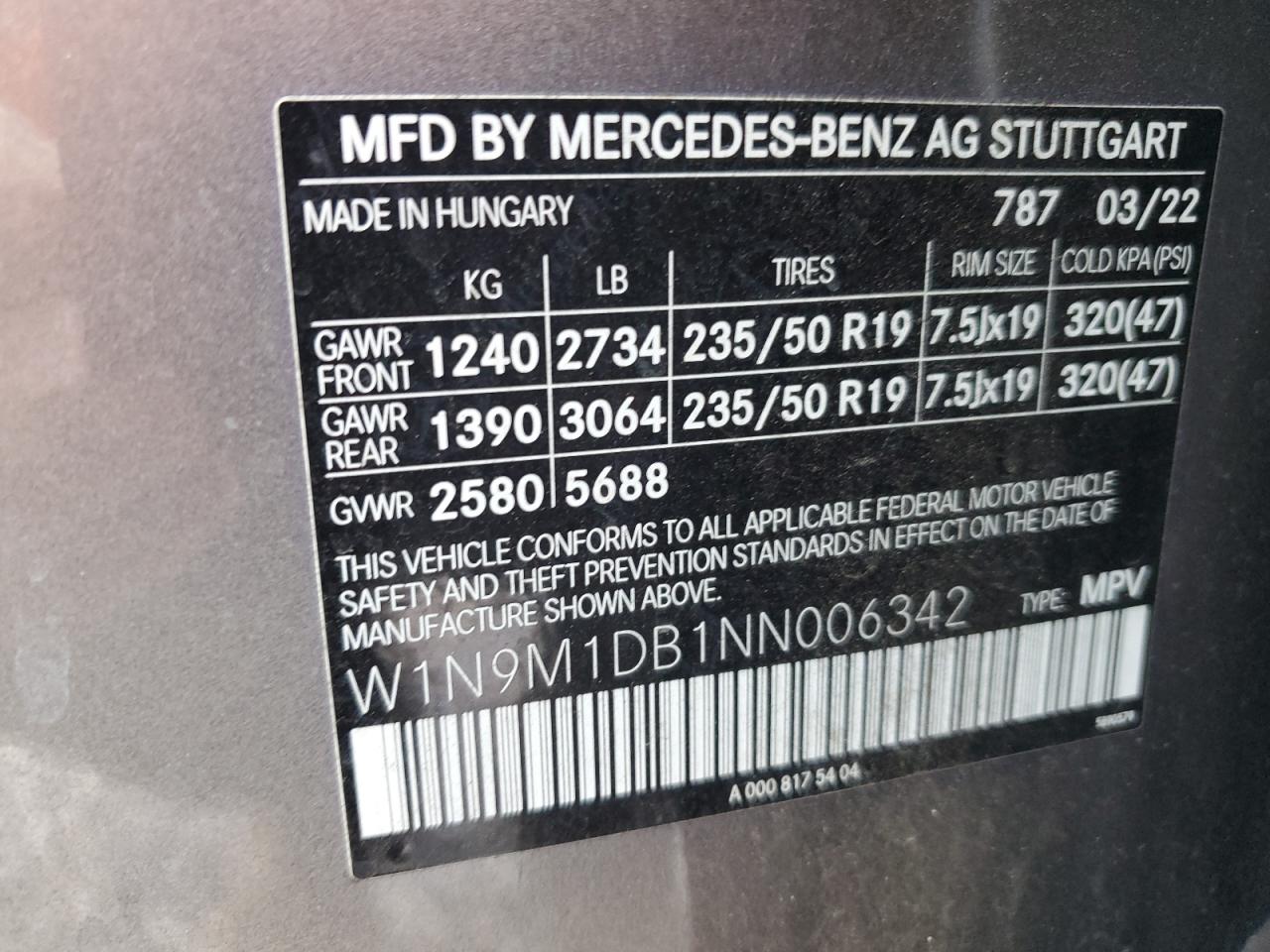 2022 Mercedes-Benz Eqb 350 4Matic VIN: W1N9M1DB1NN006342 Lot: 61993965
