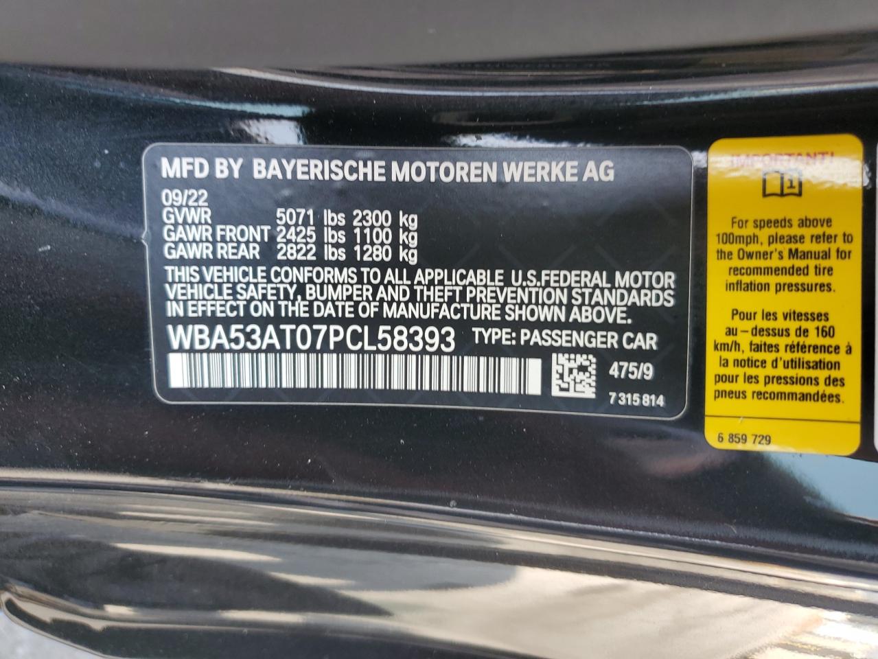 2023 BMW M440I VIN: WBA53AT07PCL58393 Lot: 60527305