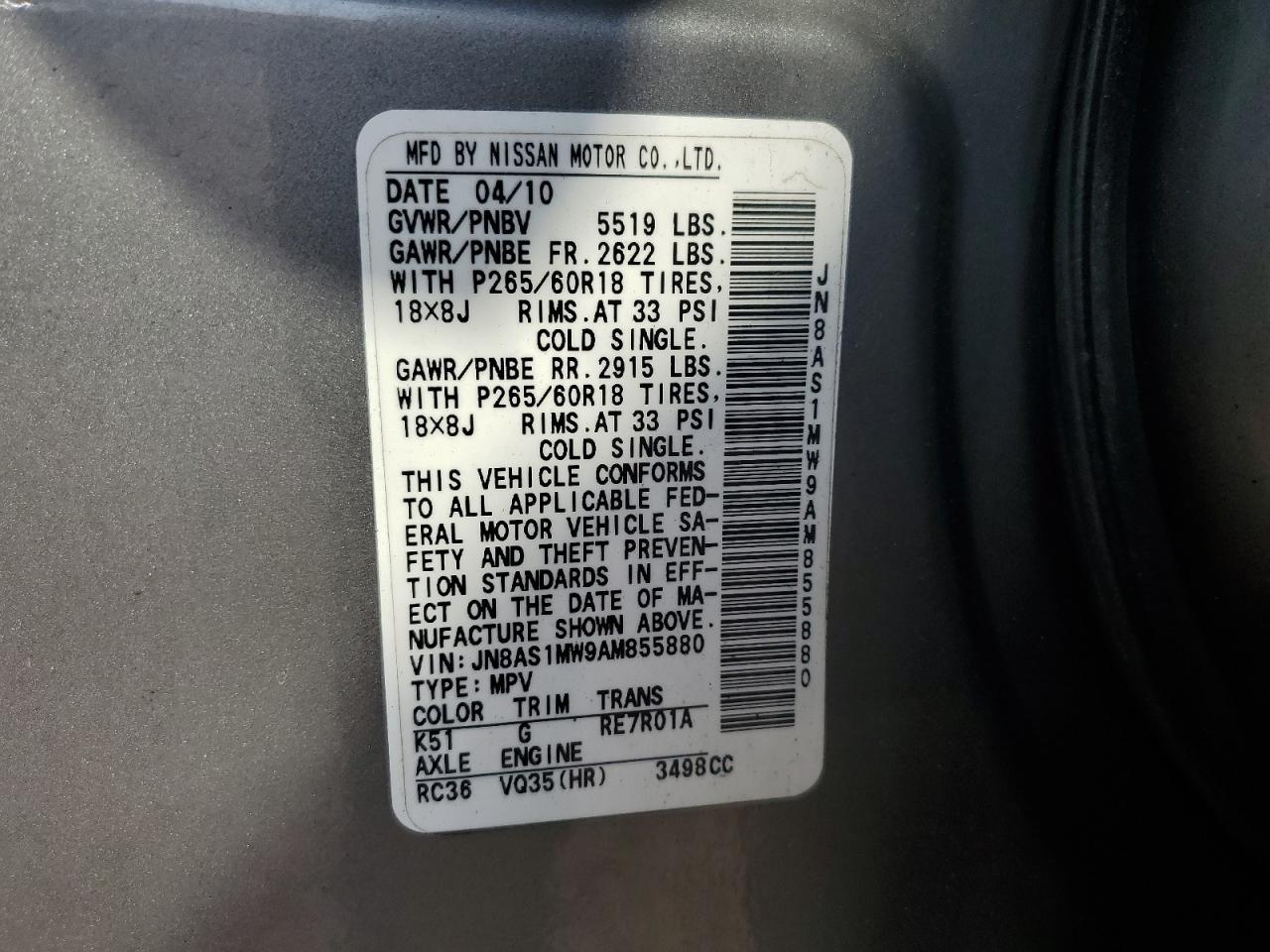 2010 Infiniti Fx35 VIN: JN8AS1MW9AM855880 Lot: 60312375