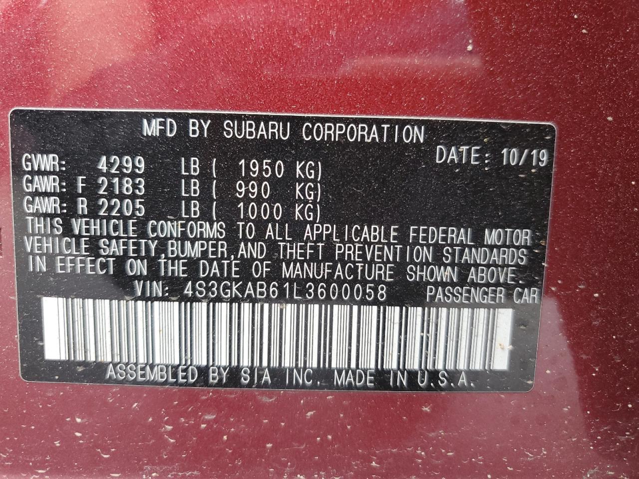 2020 Subaru Impreza VIN: 4S3GKAB61L3600058 Lot: 60421565