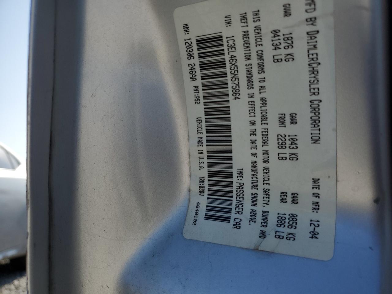 2005 Chrysler Sebring VIN: 1C3EL46X55N575864 Lot: 61008025