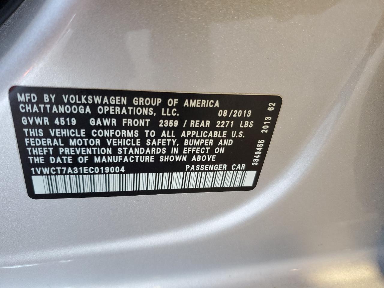 2014 Volkswagen Passat Sel VIN: 1VWCT7A31EC019004 Lot: 62732255