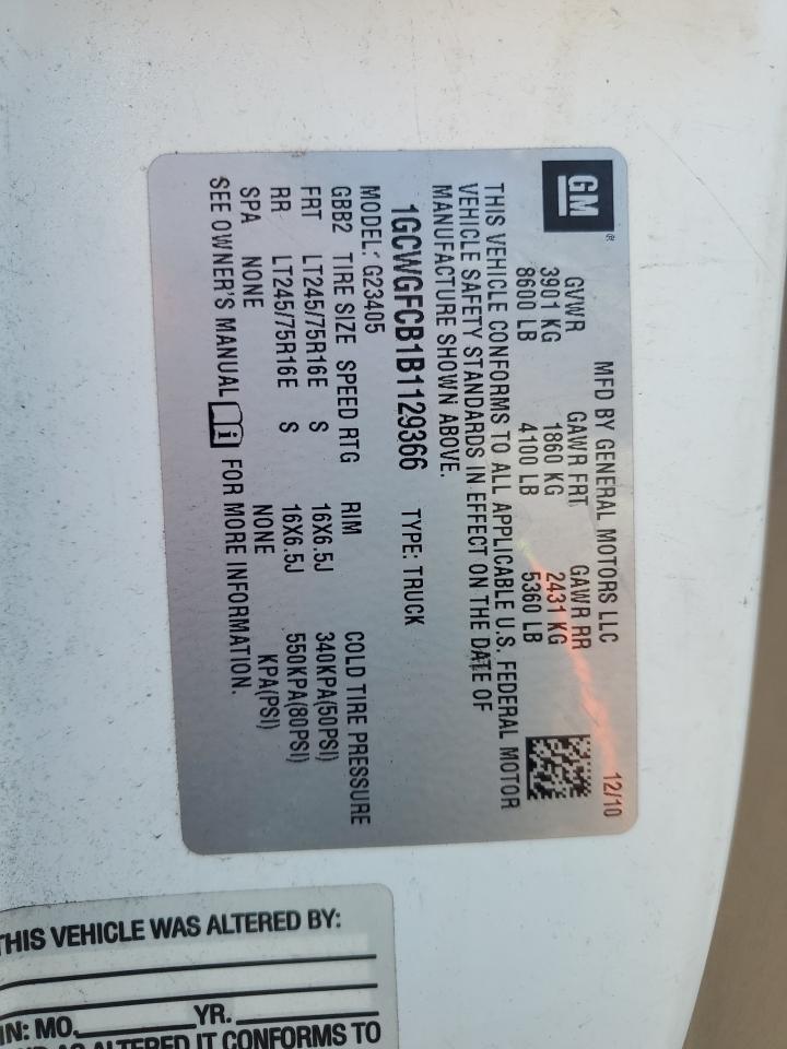 2011 Chevrolet Express G2500 VIN: 1GCWGFCB1B1129366 Lot: 62460385