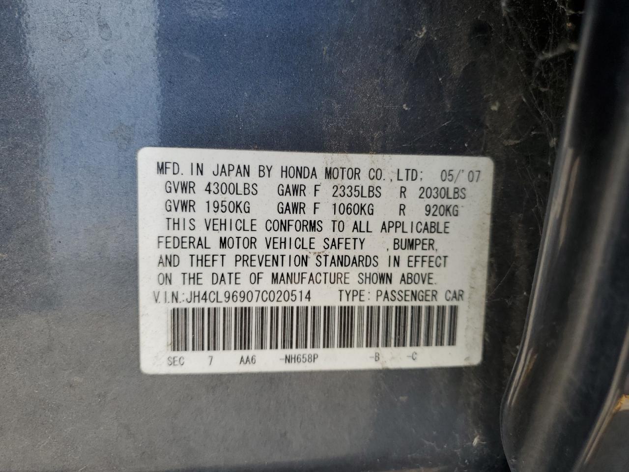 2007 Acura Tsx VIN: JH4CL96907C020514 Lot: 62592535