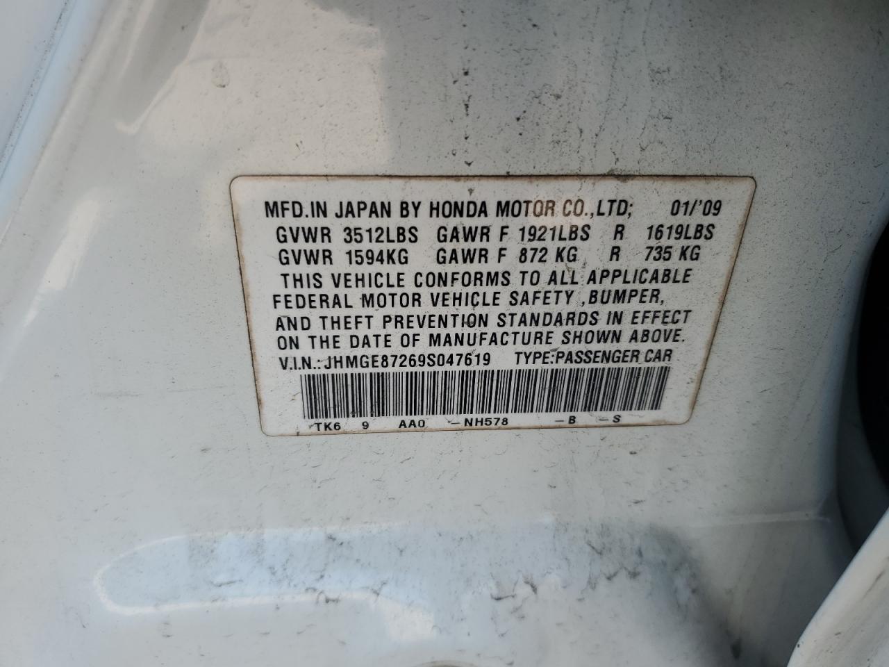 2009 Honda Fit VIN: JHMGE87269S047619 Lot: 60349795