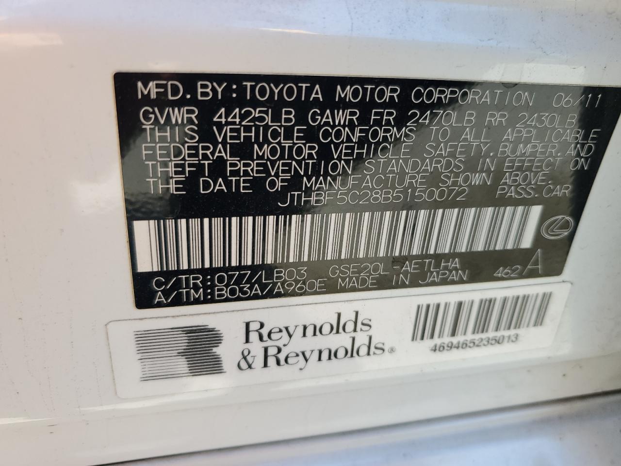 2011 Lexus Is 250 VIN: JTHBF5C28B5150072 Lot: 62573375
