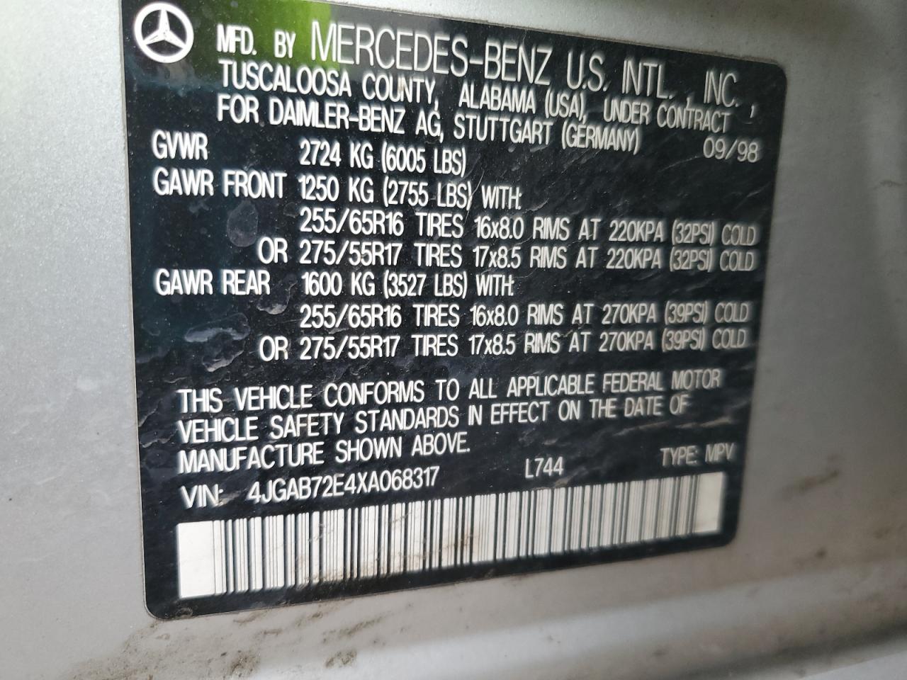 1999 Mercedes-Benz Ml 430 VIN: 4JGAB72E4XA068317 Lot: 62020465