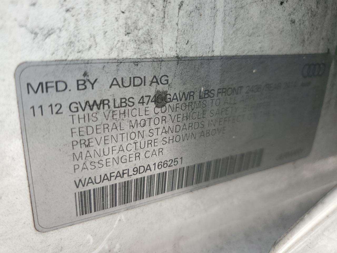 2013 Audi A4 Premium VIN: WAUAFAFL9DA166251 Lot: 60165275