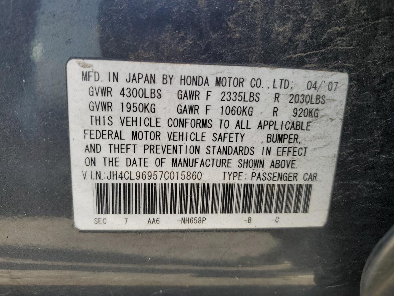 2007 Acura Tsx VIN: JH4CL96957C015860 Lot: 61611305