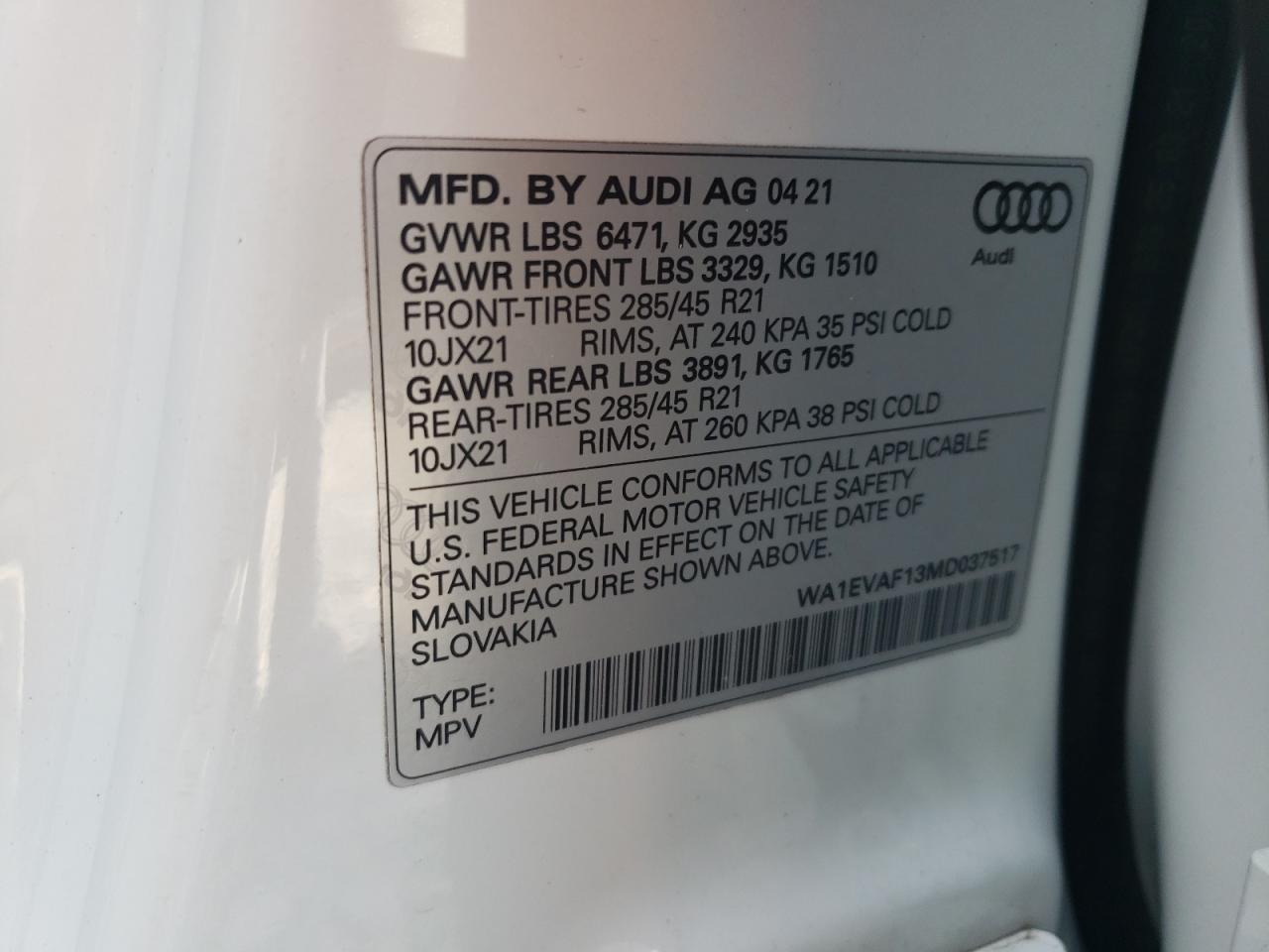 2021 Audi Q8 Premium Plus S-Line VIN: WA1EVAF13MD037517 Lot: 61543635