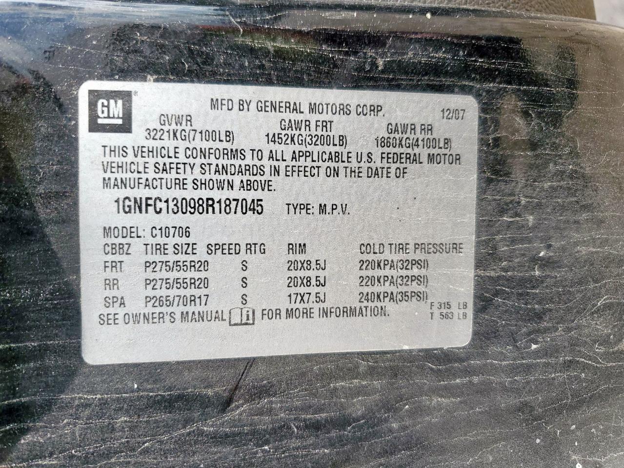 2008 Chevrolet Tahoe C1500 VIN: 1GNFC13098R187045 Lot: 62336225