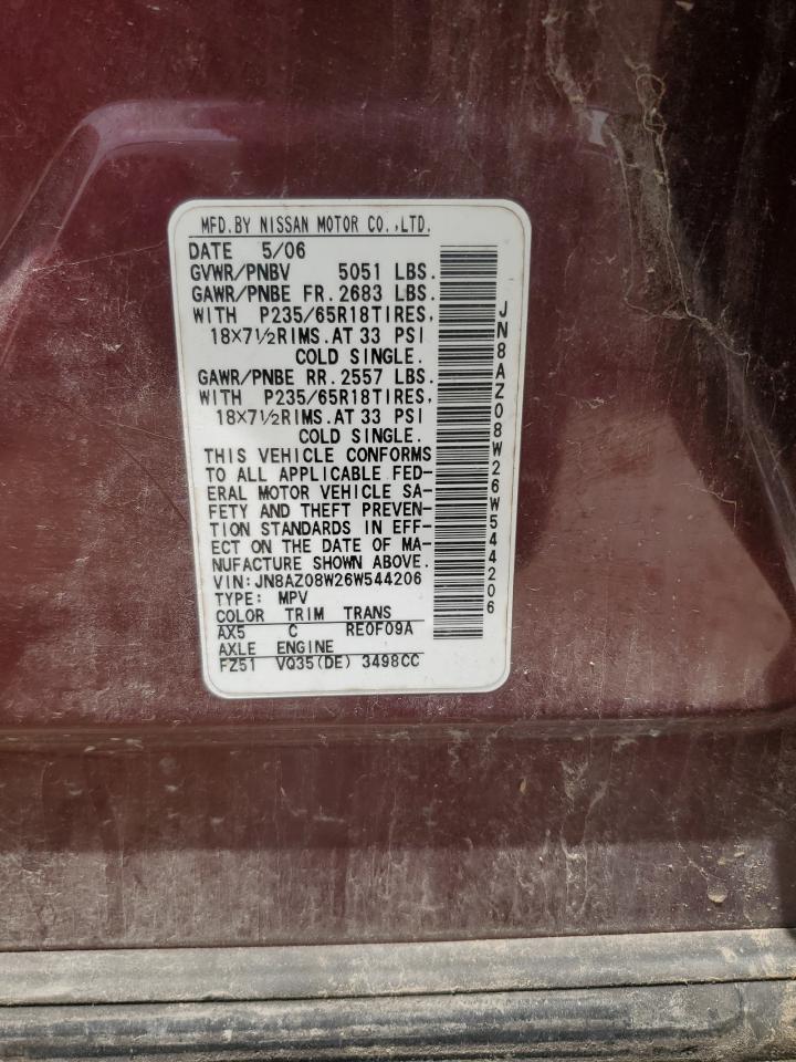 2006 Nissan Murano Sl VIN: JN8AZ08W26W544206 Lot: 59537925