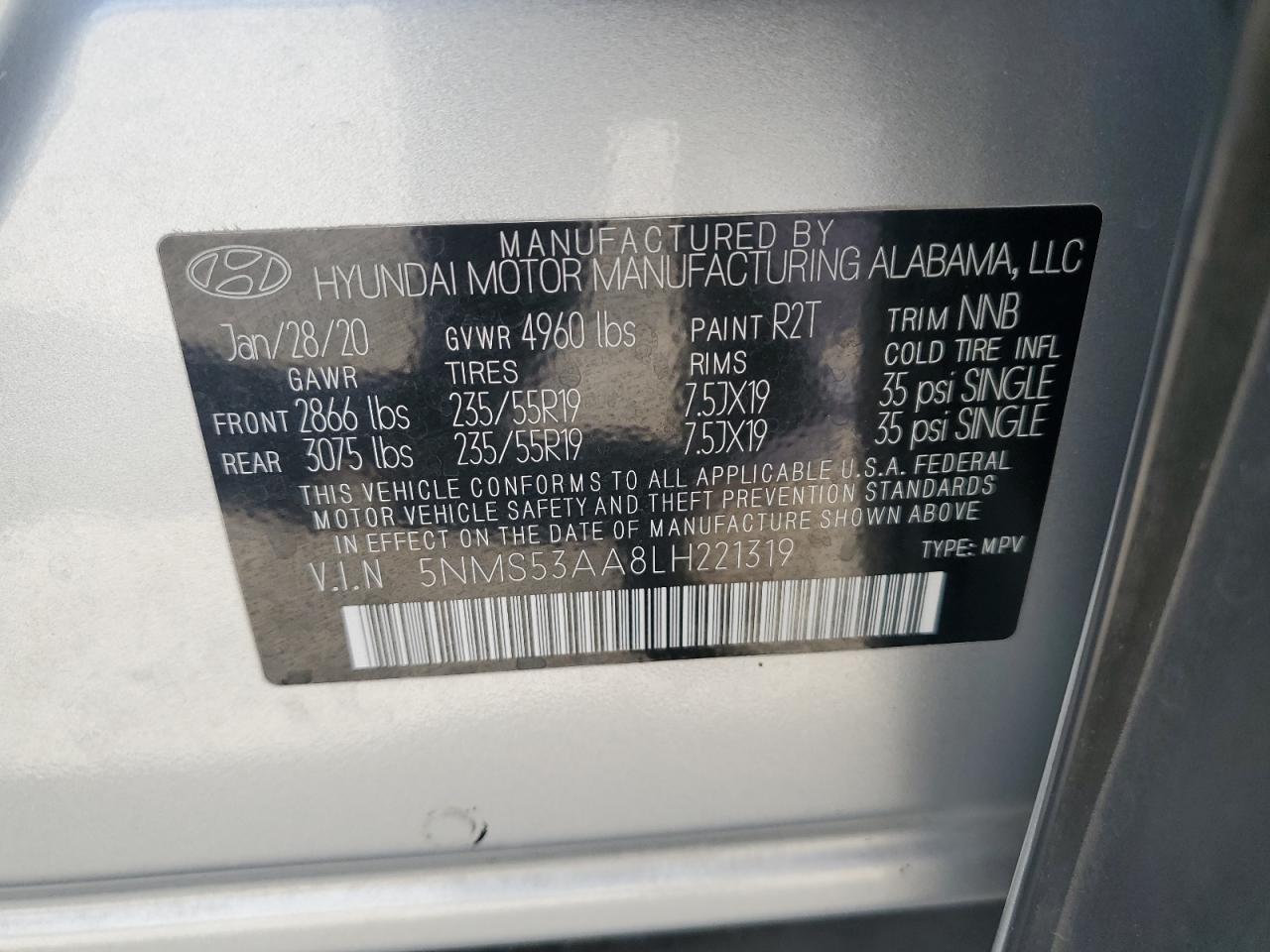 2020 Hyundai Santa Fe Limited VIN: 5NMS53AA8LH221319 Lot: 62489595