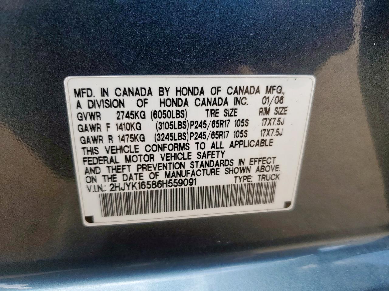 2006 Honda Ridgeline Rtl VIN: 2HJYK16586H559091 Lot: 63157865