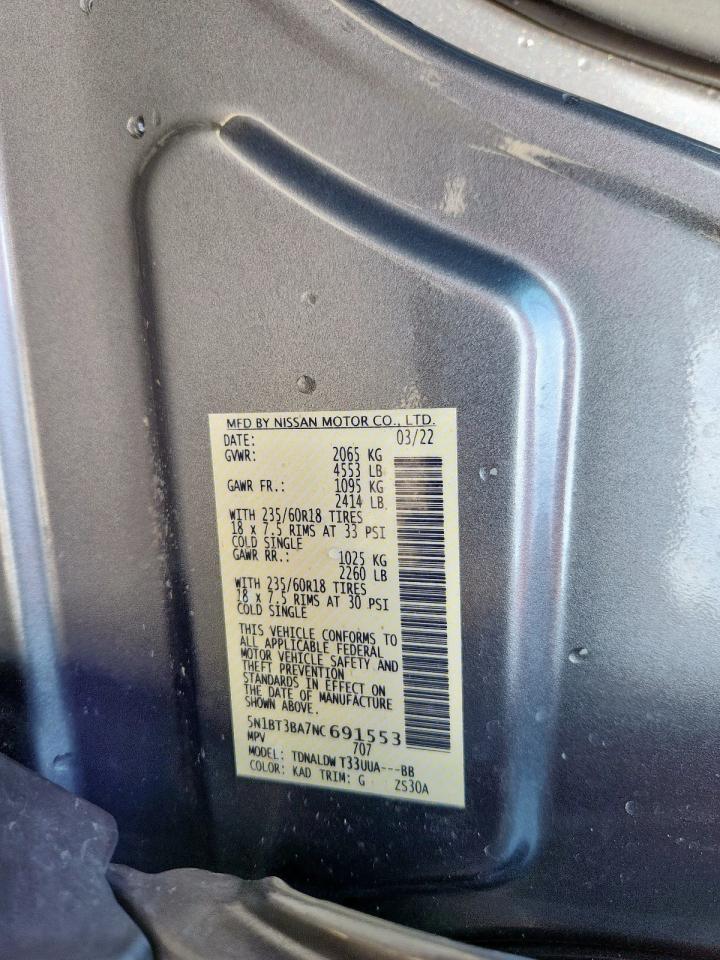 2022 Nissan Rogue Sv VIN: 5N1BT3BA7NC691553 Lot: 60473585