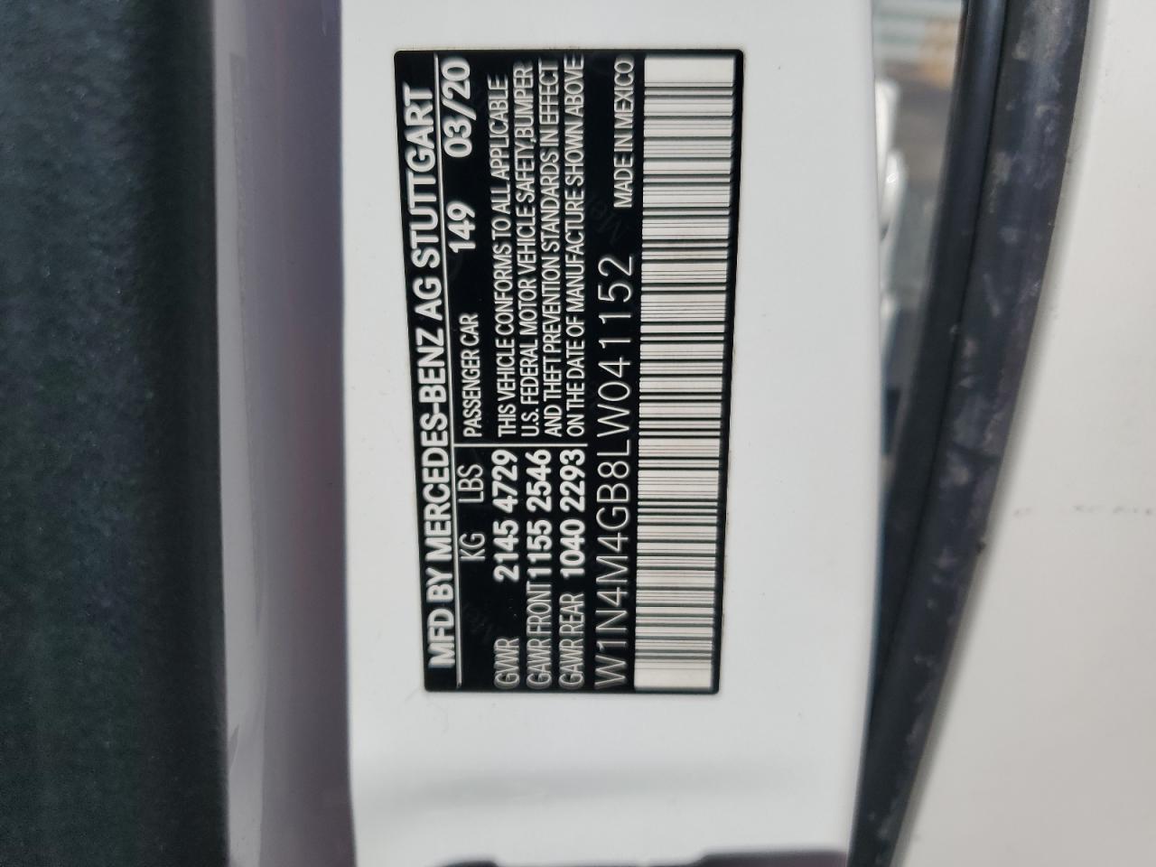 2020 Mercedes-Benz Glb 250 VIN: W1N4M4GB8LW041152 Lot: 60998245