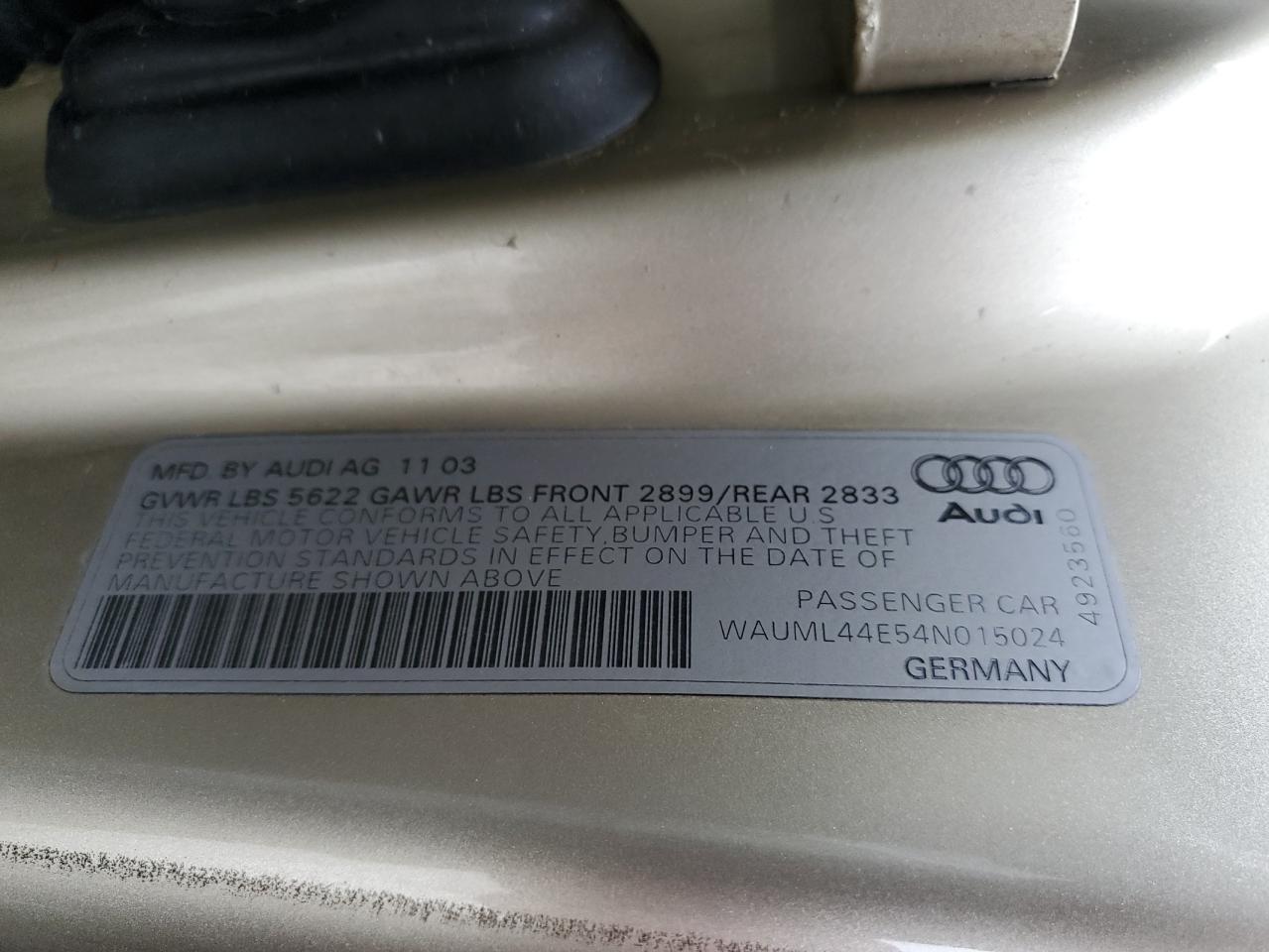 2004 Audi A8 L Quattro VIN: WAUML44E54N015024 Lot: 58185225