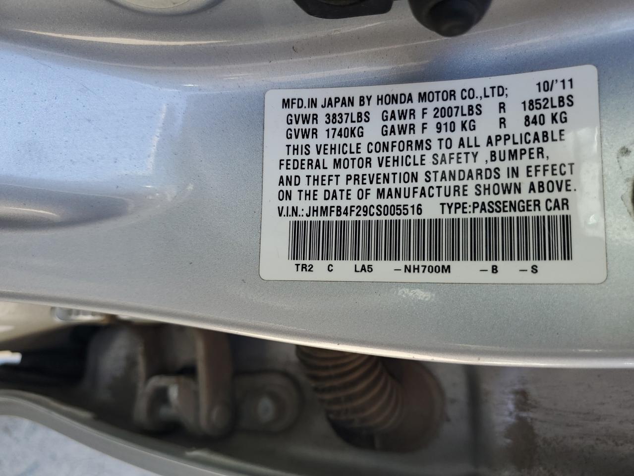HONDA CIVIC 2012 VIN JHMFB4F29CS005516 photo 12