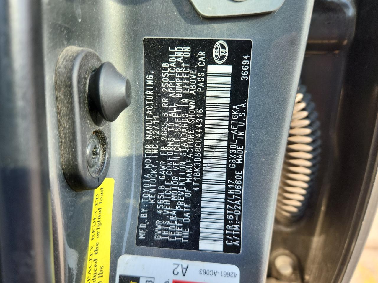 TOYOTA AVALON 2012 VIN 4T1BK3DB8CU444316 фото 12