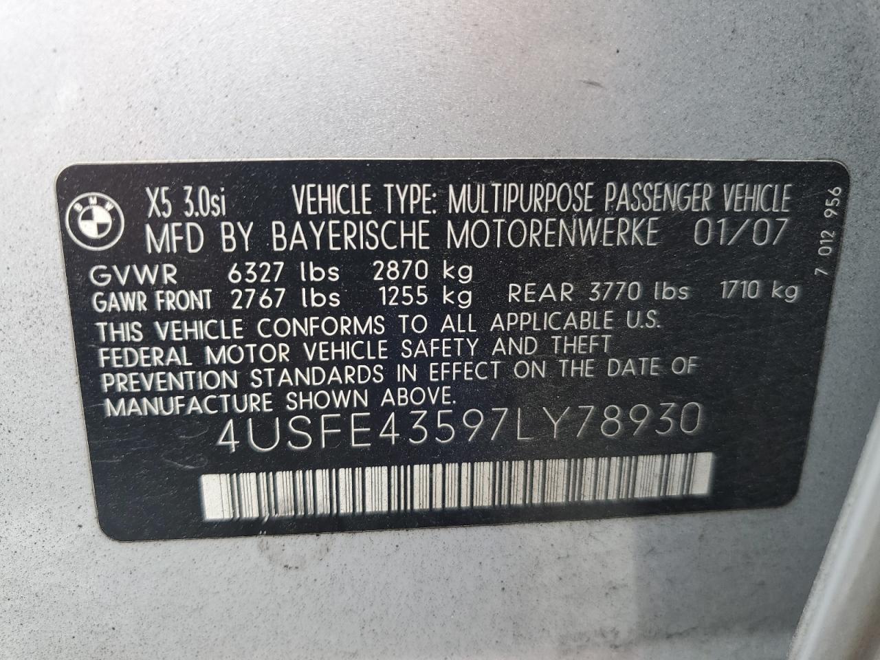 2007 BMW X5 3.0I VIN: 4USFE43597LY78930 Lot: 61609495