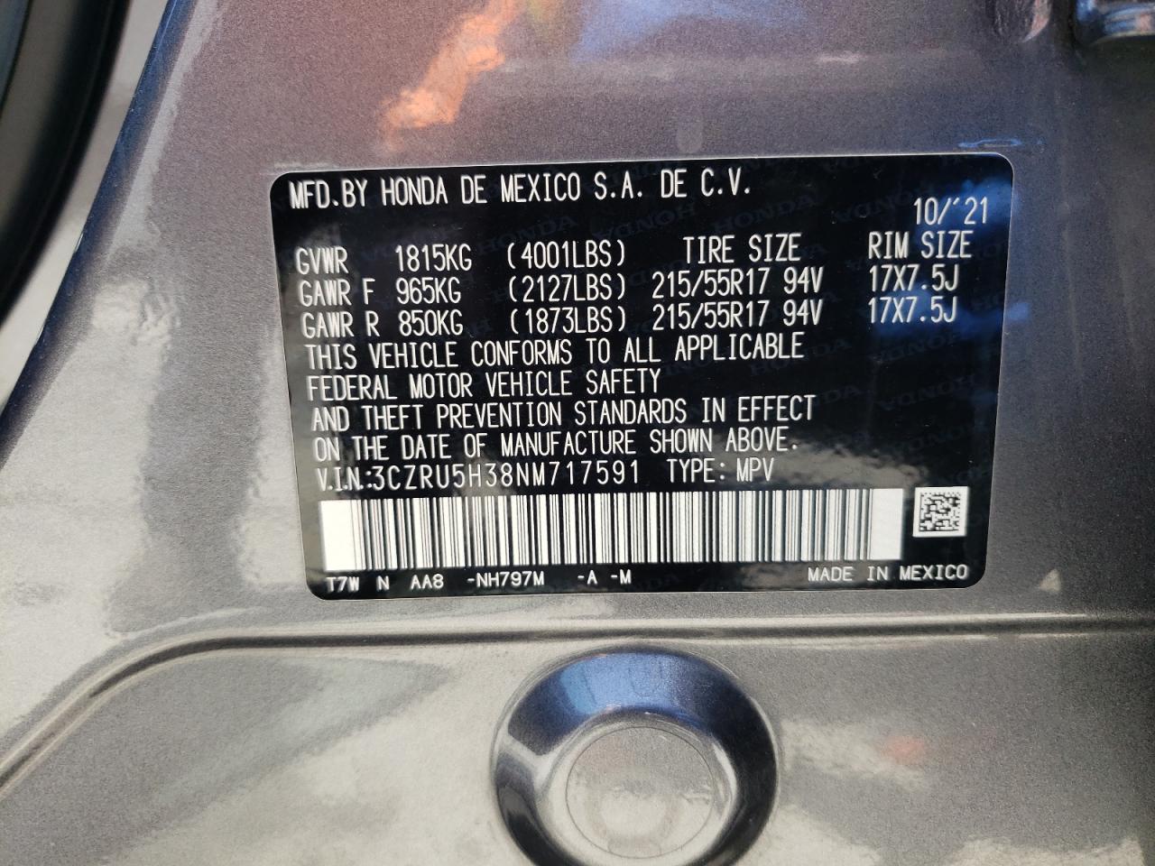 HONDA HR-V 2022 VIN 3CZRU5H38NM717591 фото 12