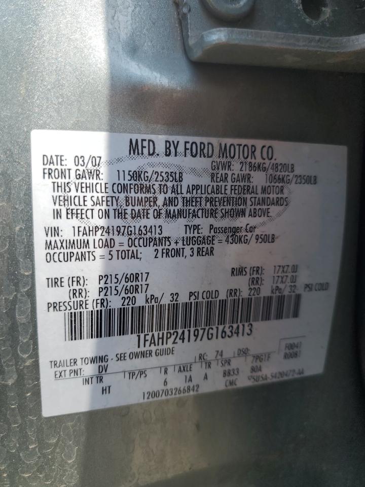 2007 Ford Five Hundred Sel VIN: 1FAHP24197G163413 Lot: 62334775