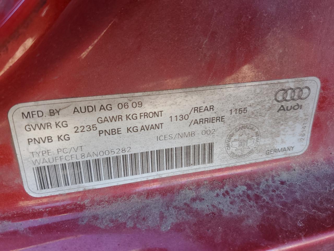 2010 Audi A4 Premium Plus VIN: WAUFFCFL8AN005282 Lot: 63061005