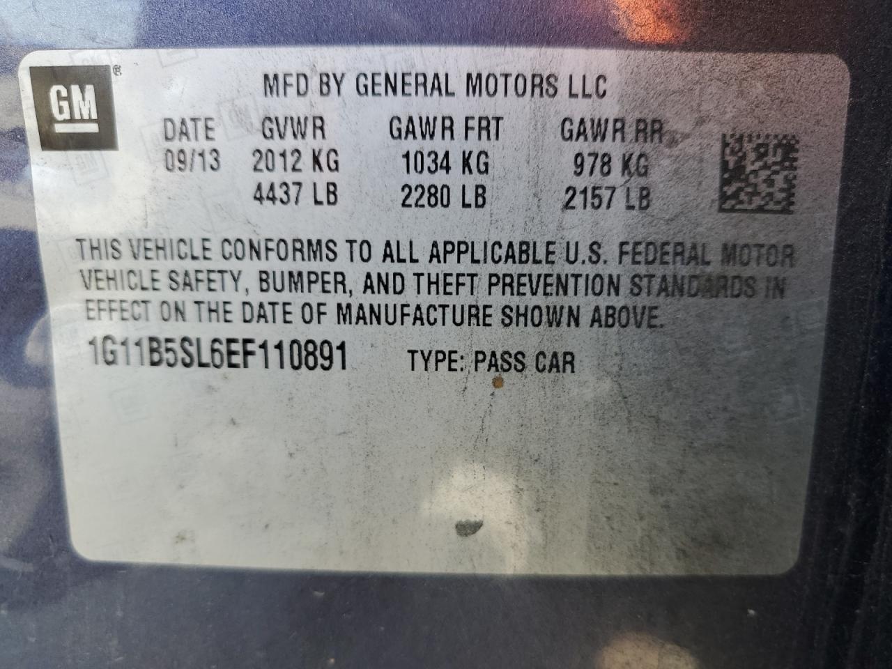 2014 Chevrolet Malibu Ls VIN: 1G11B5SL6EF110891 Lot: 59590855