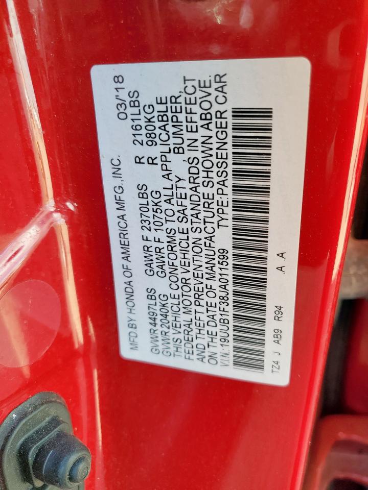2018 Acura Tlx VIN: 19UUB1F38JA011599 Lot: 61077215