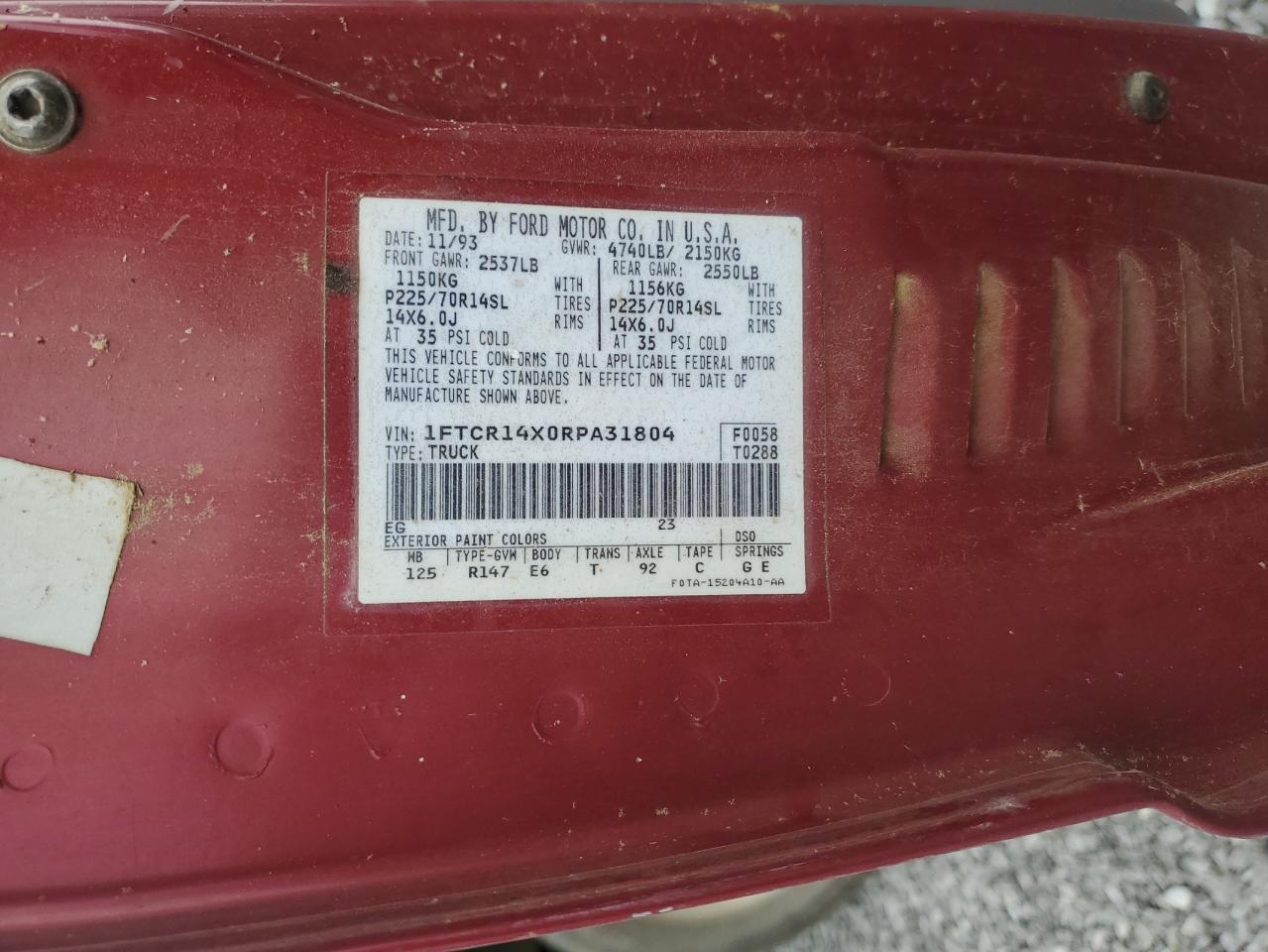 1994 Ford Ranger Super Cab VIN: 1FTCR14X0RPA31804 Lot: 60878105