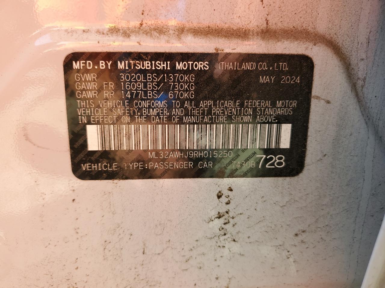 2024 Mitsubishi Mirage Se VIN: ML32AWHJ9RH015250 Lot: 61811435