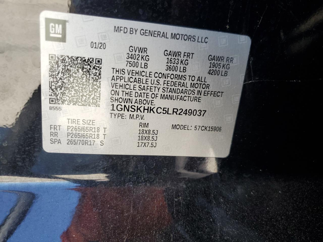 2020 Chevrolet Suburban K1500 Lt VIN: 1GNSKHKC5LR249037 Lot: 63078615