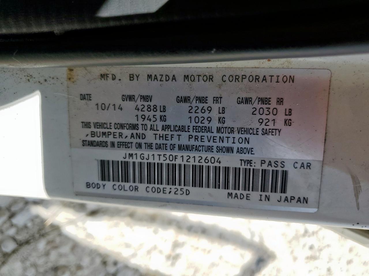 2015 Mazda 6 Touring VIN: JM1GJ1T50F1212604 Lot: 61194125