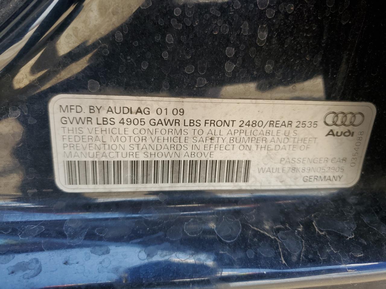 2009 Audi A4 2.0T Quattro VIN: WAULF78K89N052905 Lot: 59401705