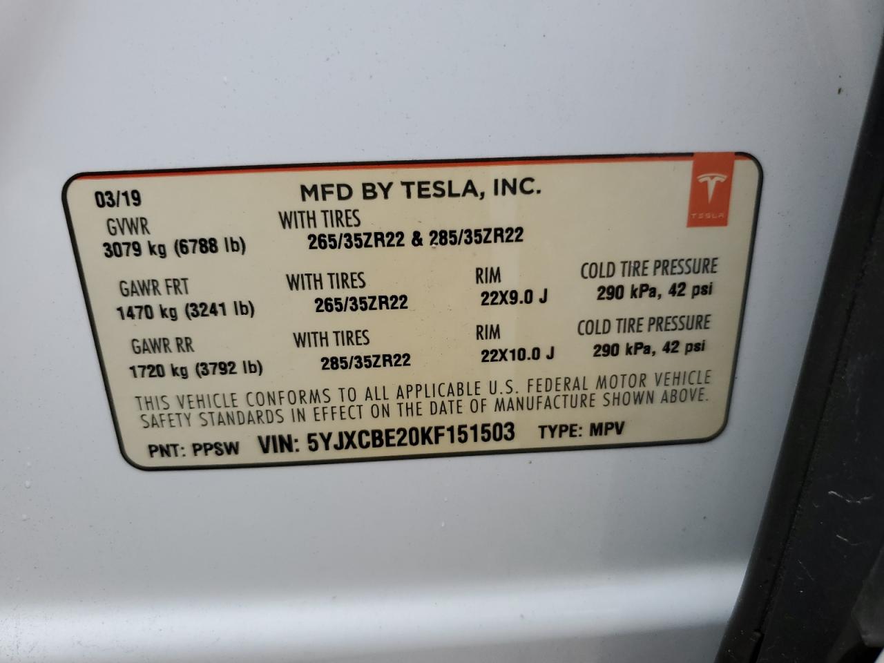 2019 Tesla Model X VIN: 5YJXCBE20KF151503 Lot: 58937115