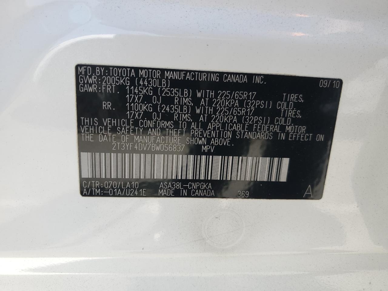 2011 Toyota Rav4 Limited VIN: 2T3YF4DV7BW056837 Lot: 62557445