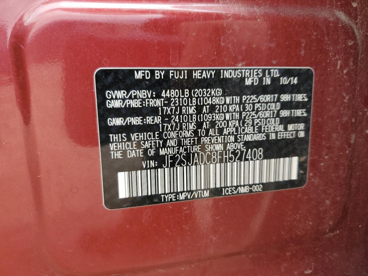 2015 Subaru Forester 2.5I Premium VIN: JF2SJADC8FH527408 Lot: 62022575