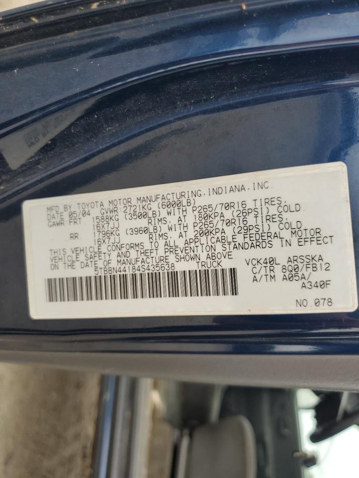 TOYOTA TUNDRA 2004 VIN 5TBBN44184S435638 фото 12
