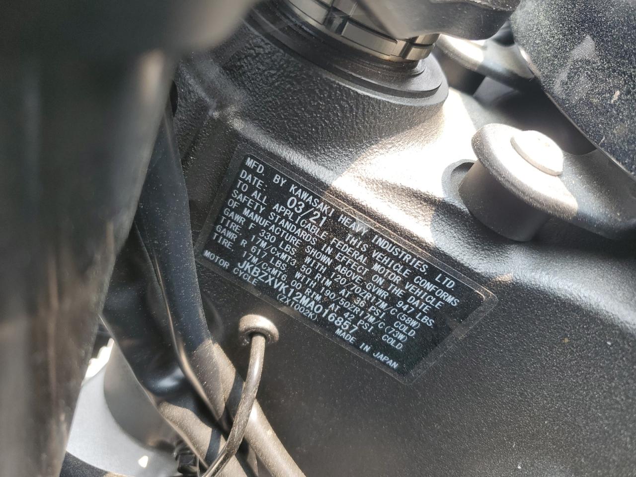 2021 Kawasaki Zx1002 K VIN: JKBZXVK12MA016857 Lot: 59627545
