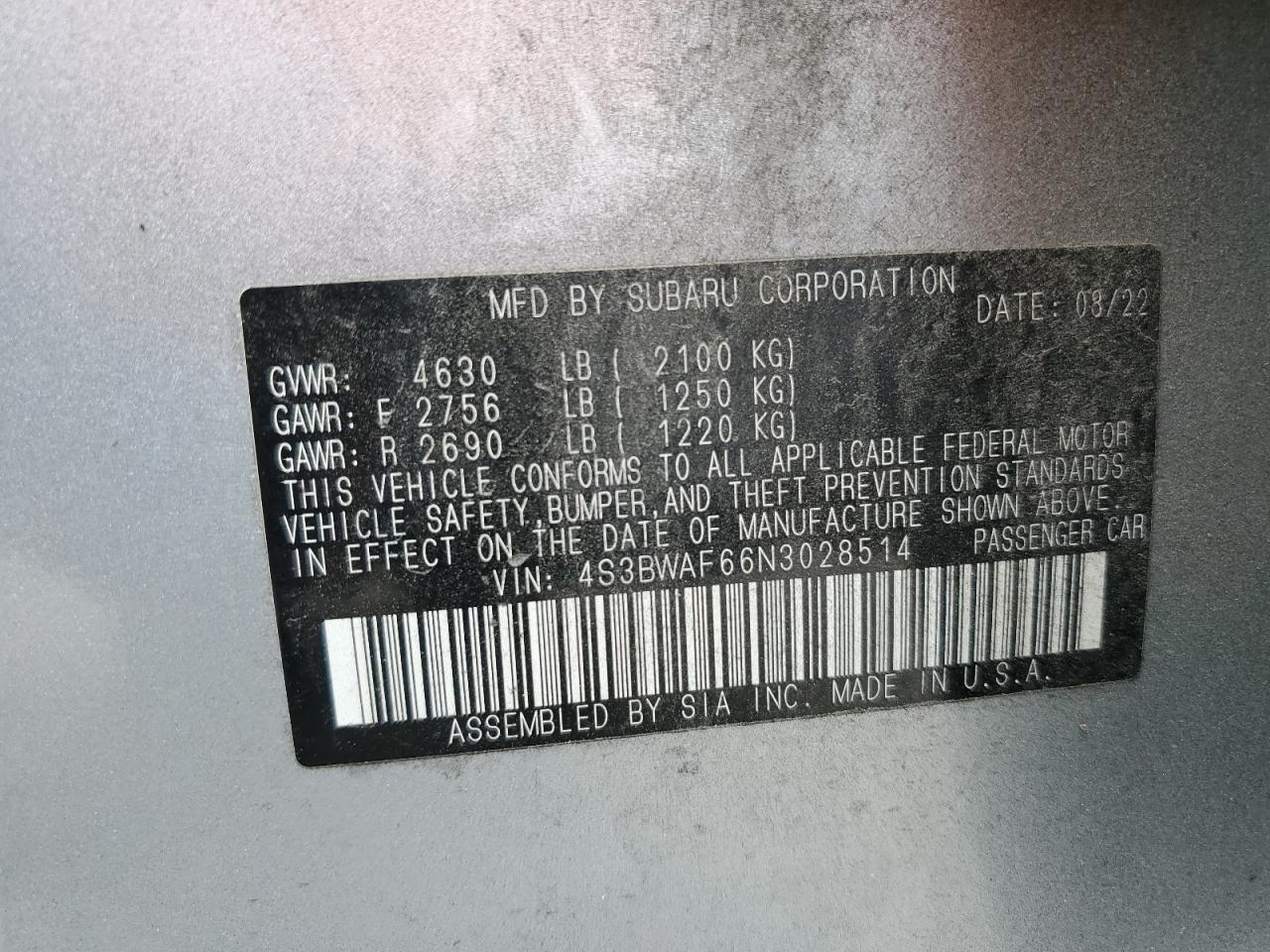 2022 Subaru Legacy Premium VIN: 4S3BWAF66N3028514 Lot: 58926665