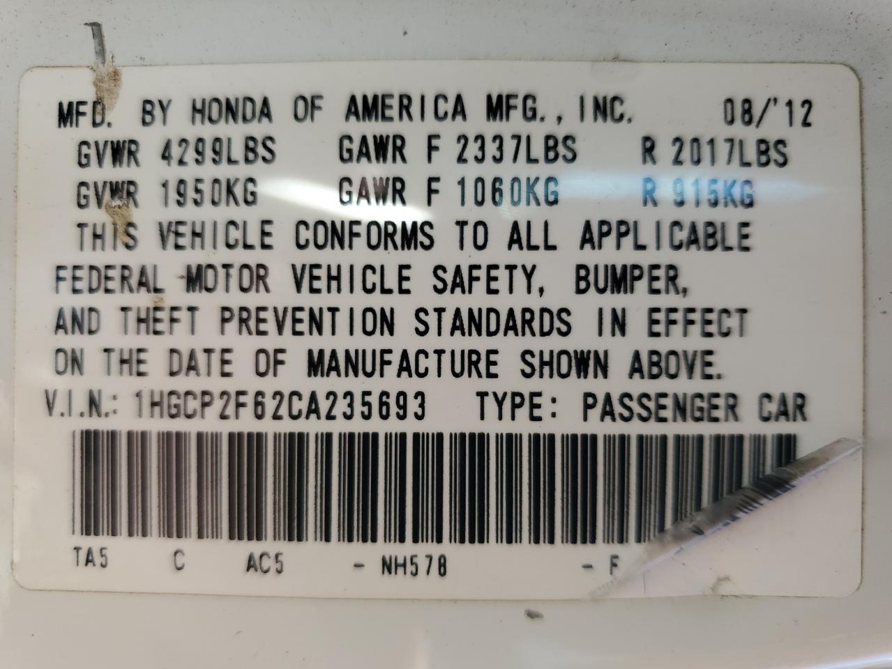 2012 Honda Accord Se VIN: 1HGCP2F62CA235693 Lot: 59725745