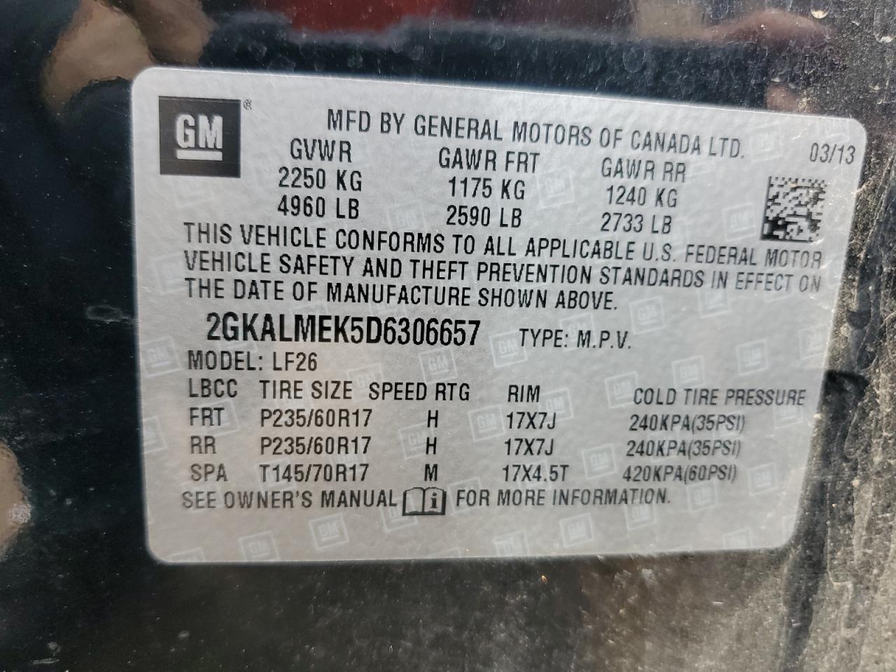 2013 GMC Terrain Sle VIN: 2GKALMEK5D6306657 Lot: 61170845