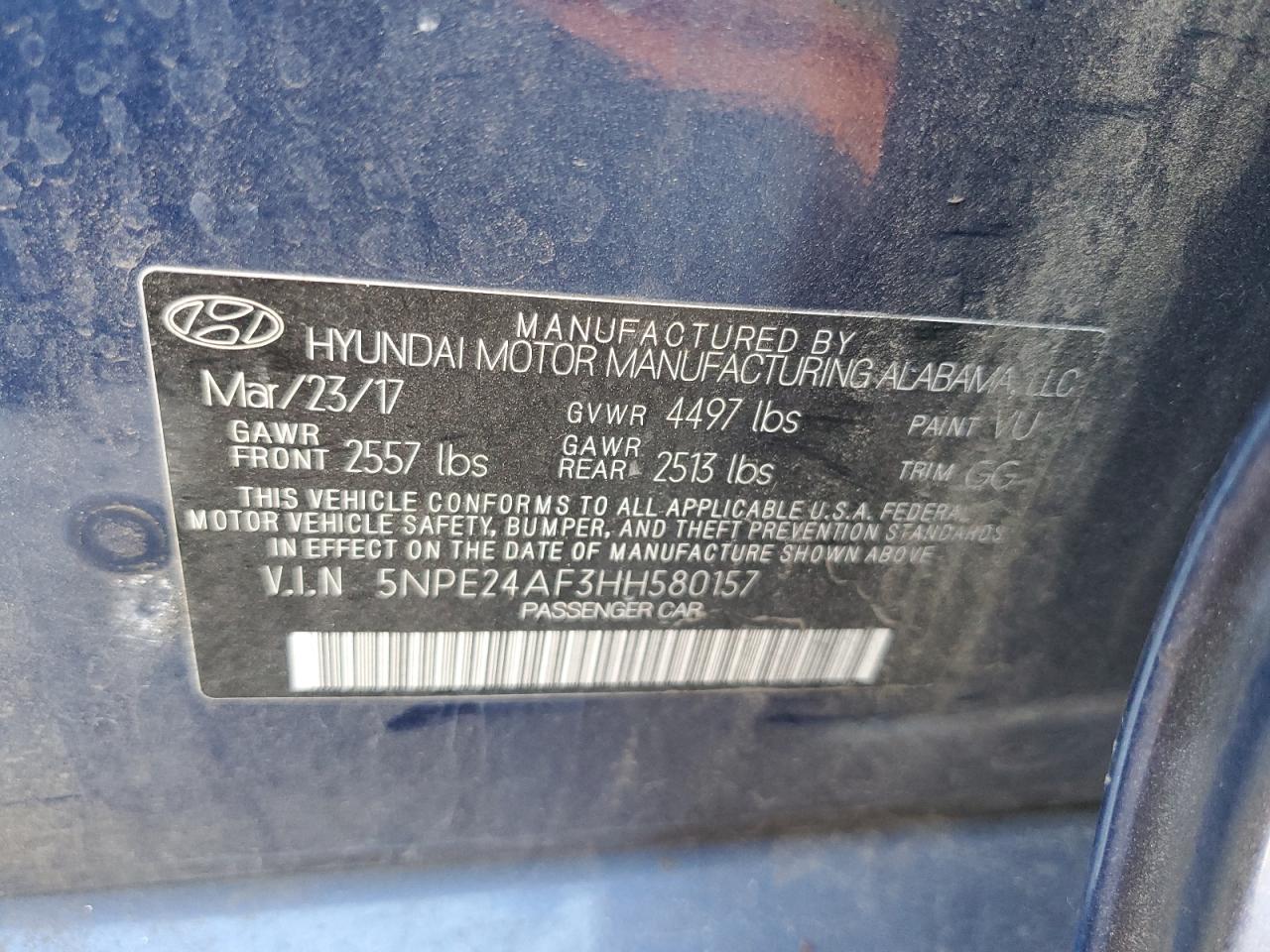 2017 Hyundai Sonata Se VIN: 5NPE24AF3HH580157 Lot: 62788585