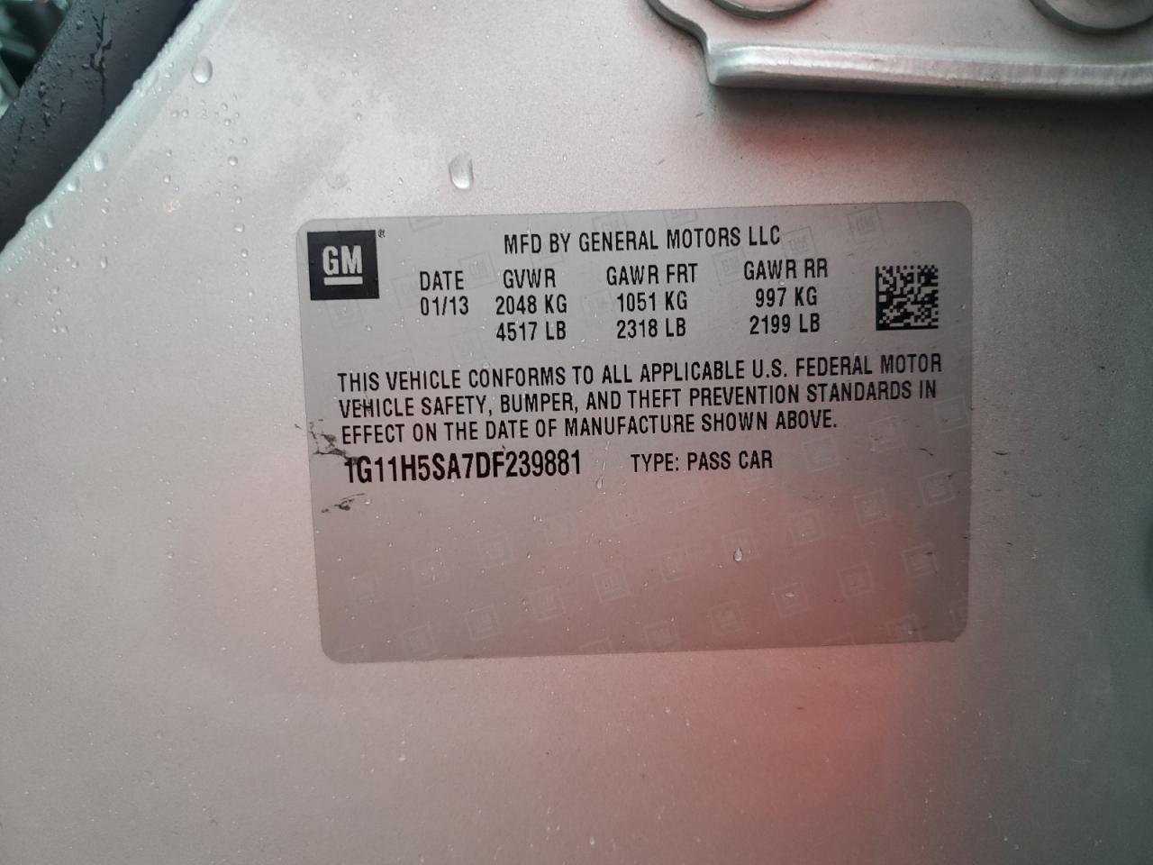 2013 Chevrolet Malibu Ltz VIN: 1G11H5SA7DF239881 Lot: 59051255