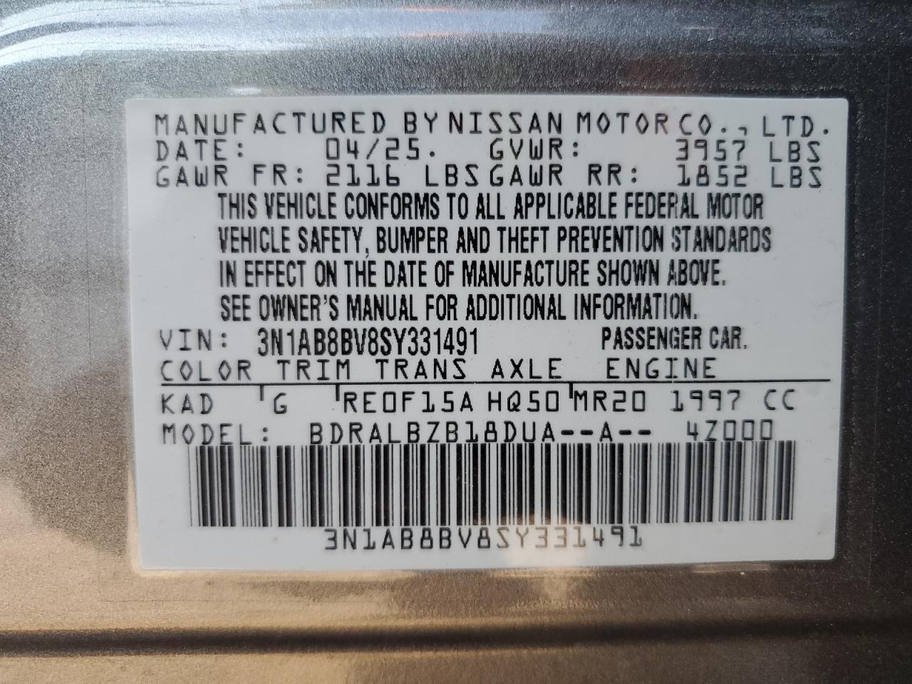 2025 Nissan Sentra S VIN: 3N1AB8BV8SY331491 Lot: 62785145